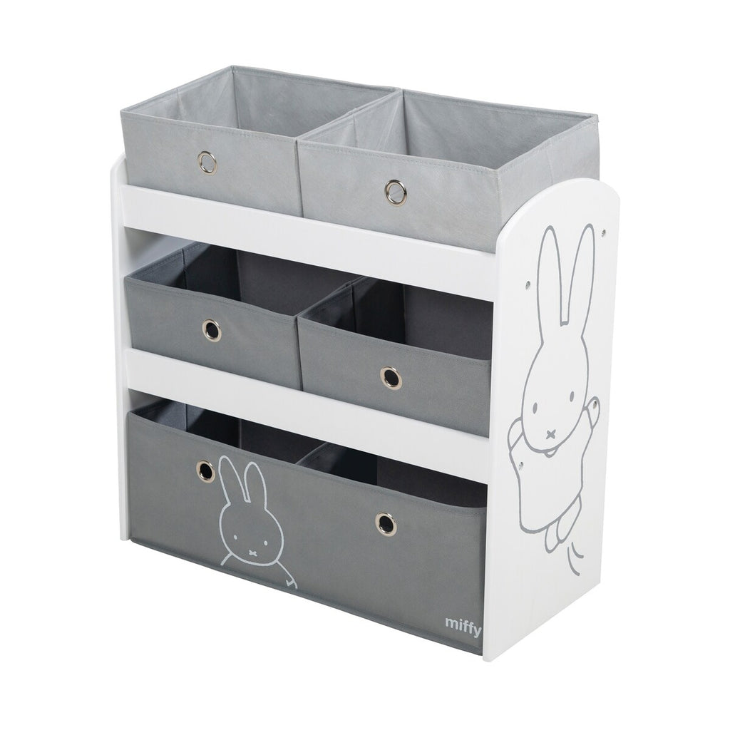 Lekehylle Miffy med 5 stoffbokser forfra