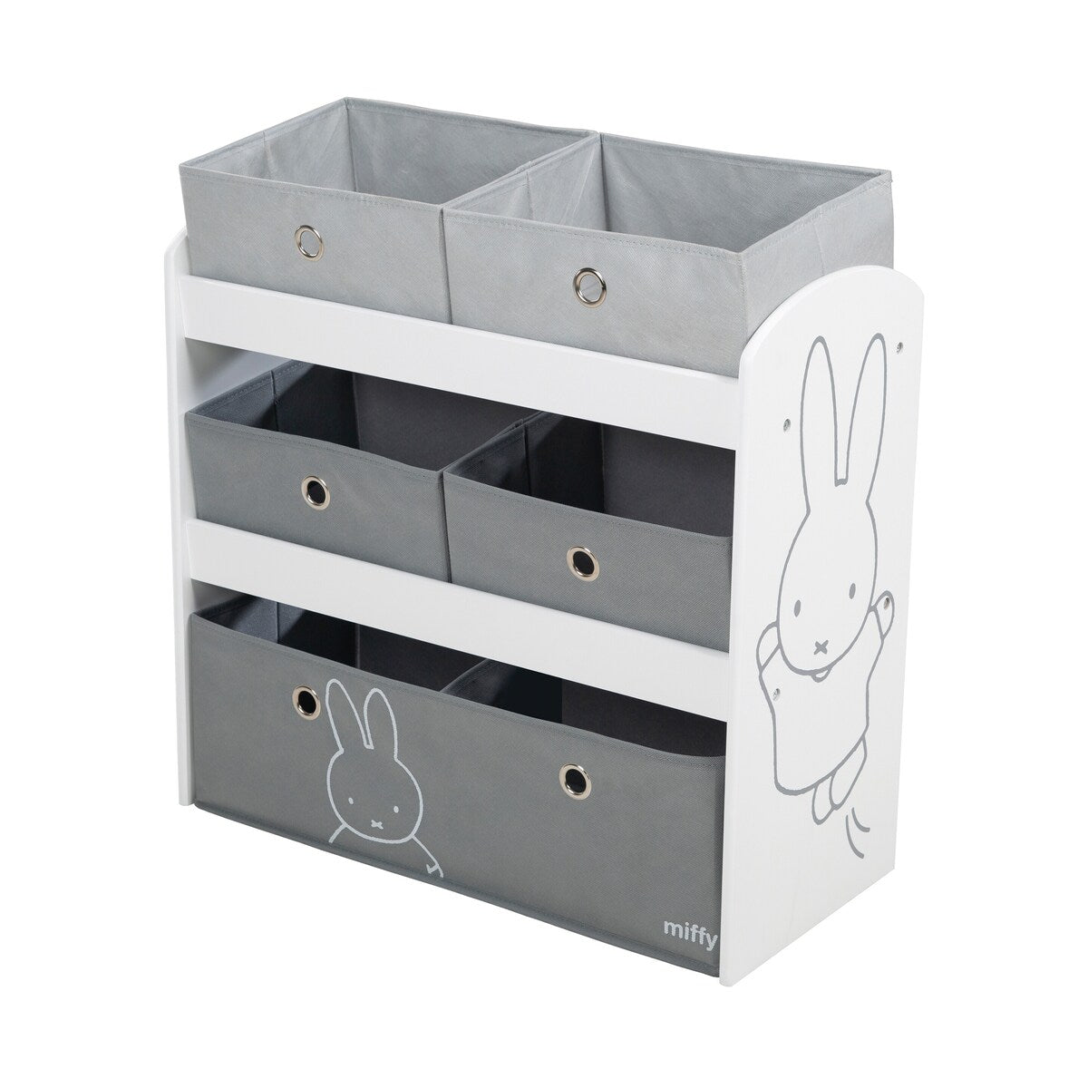 Lekehylle Miffy med 5 stoffbokser forfra
