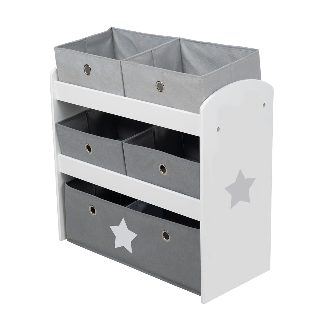 Lekehylle Stars med 5 stoffbokser lakkert MDF bakside