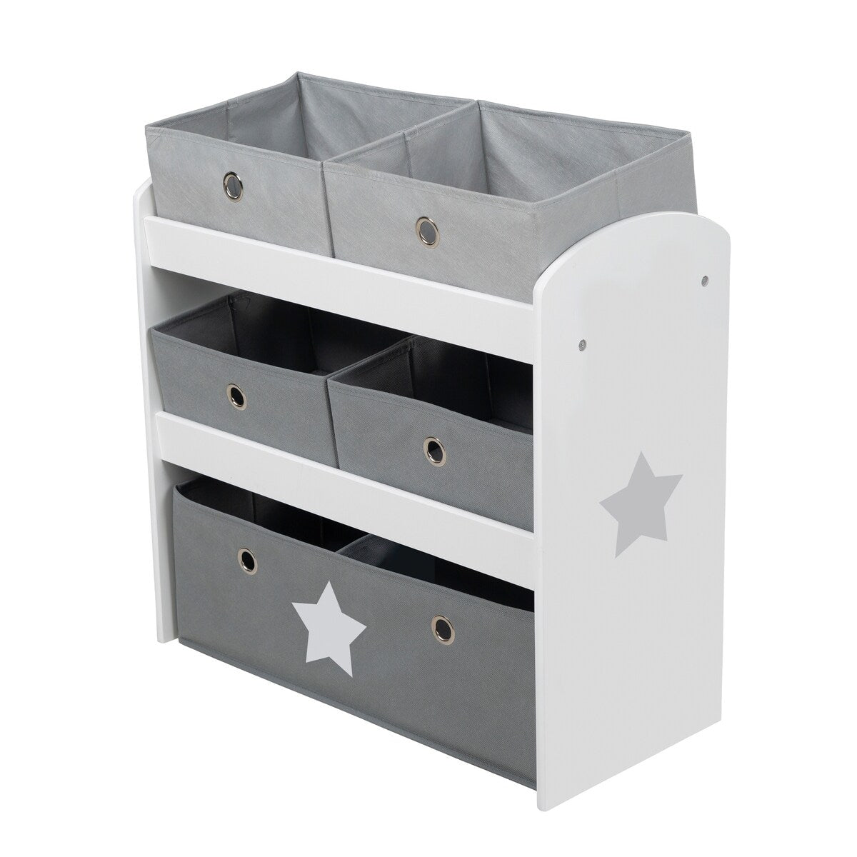 Lekehylle Stars med 5 stoffbokser lakkert MDF bakside