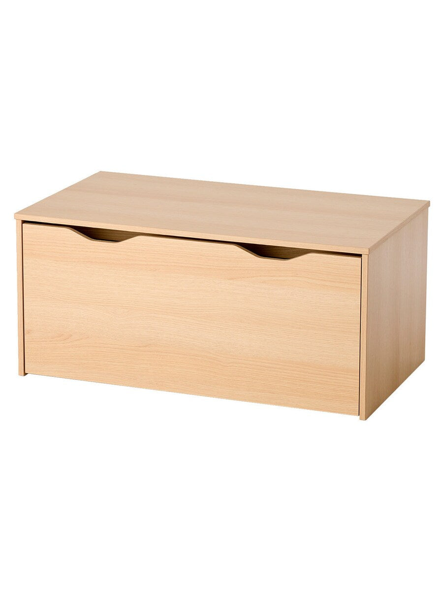 Nærbilde av melaminbelegg på lekekiste på hjul i sponplate 90x50,5x41,8 cm