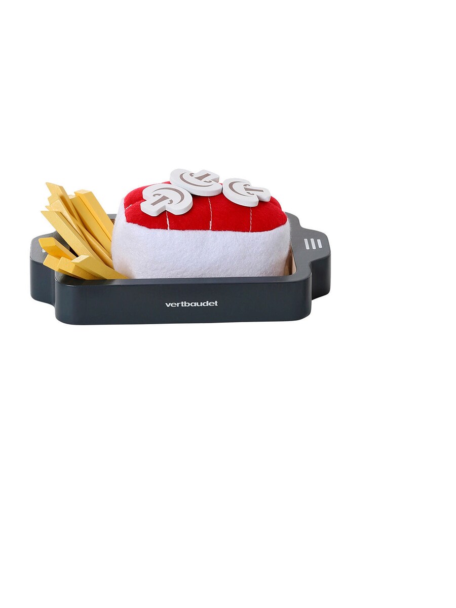 Lekematsett stek og pommes frites i tre FSC® og filt forfra