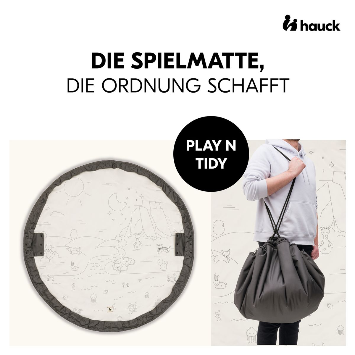 Bakside av Lekematte 2-i-1 med oppryddingsbag Play N Tidy mørk grå