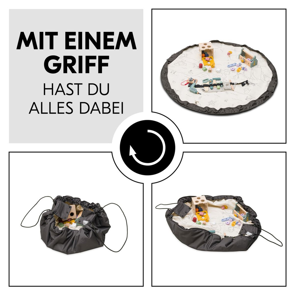 Nærbilde av fiberstoff på Lekematte 2-i-1 med oppryddingsbag Play N Tidy mørk grå