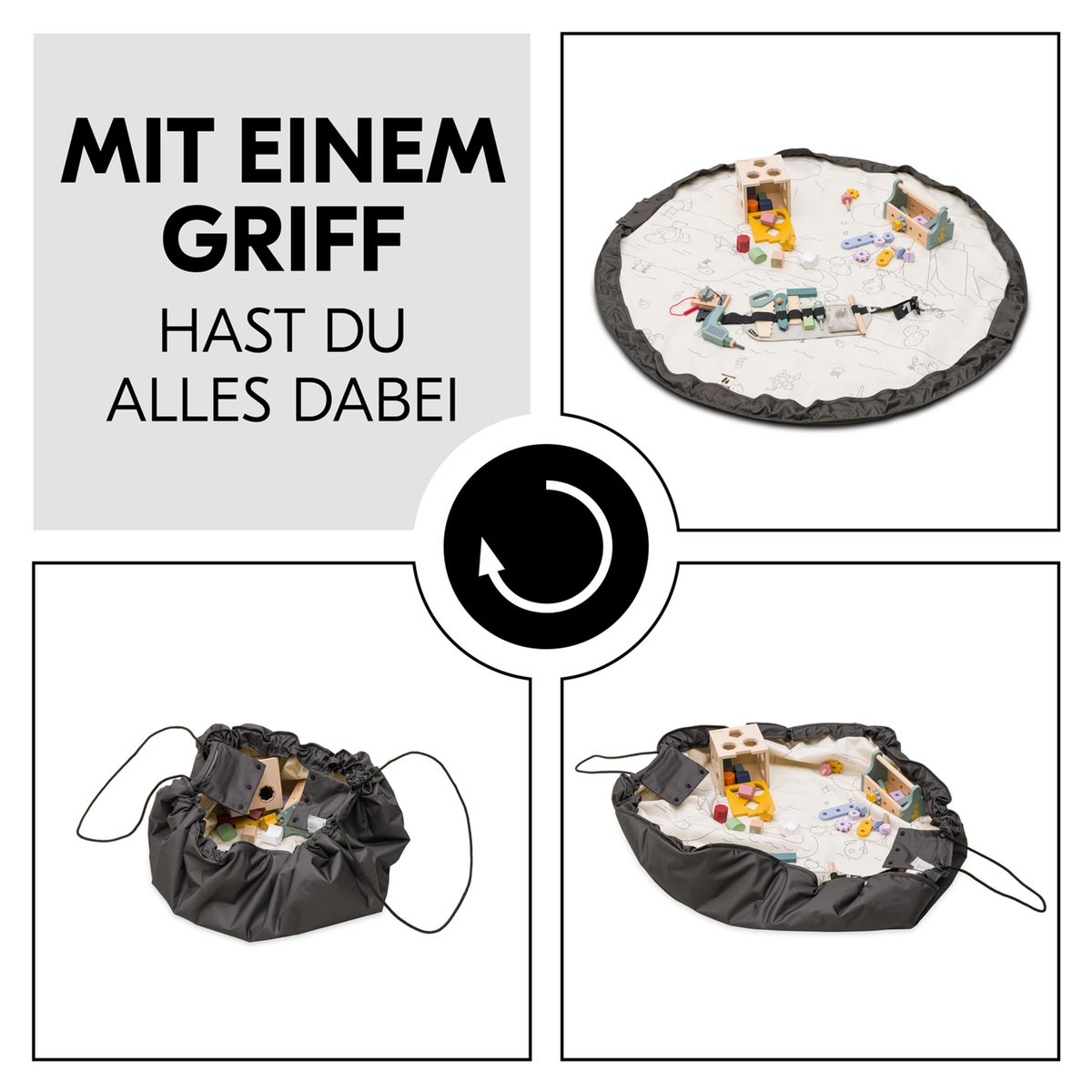 Nærbilde av fiberstoff på Lekematte 2-i-1 med oppryddingsbag Play N Tidy mørk grå