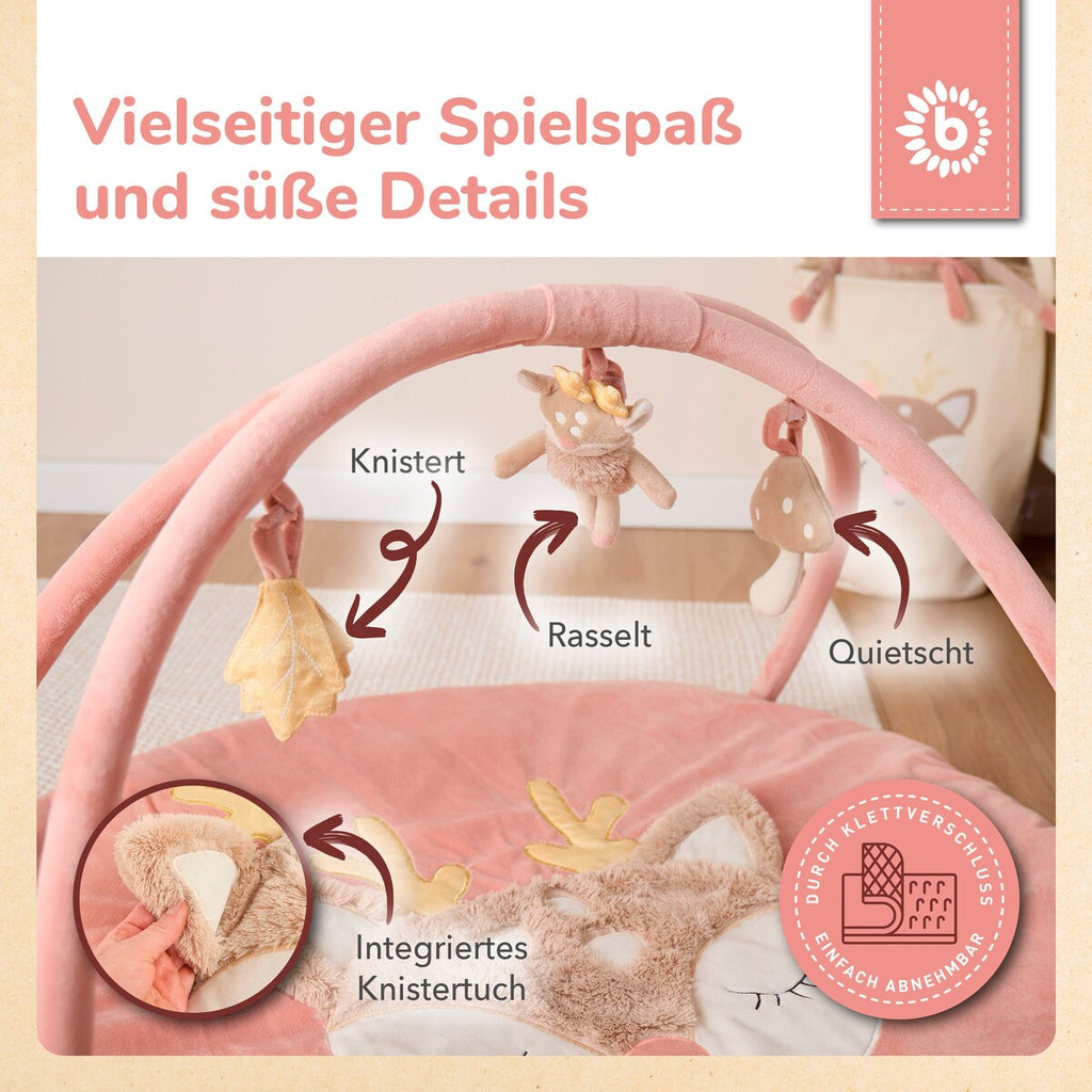Detalj av knitrende leke på Lekematte med aktivitetsbue Reh Ella