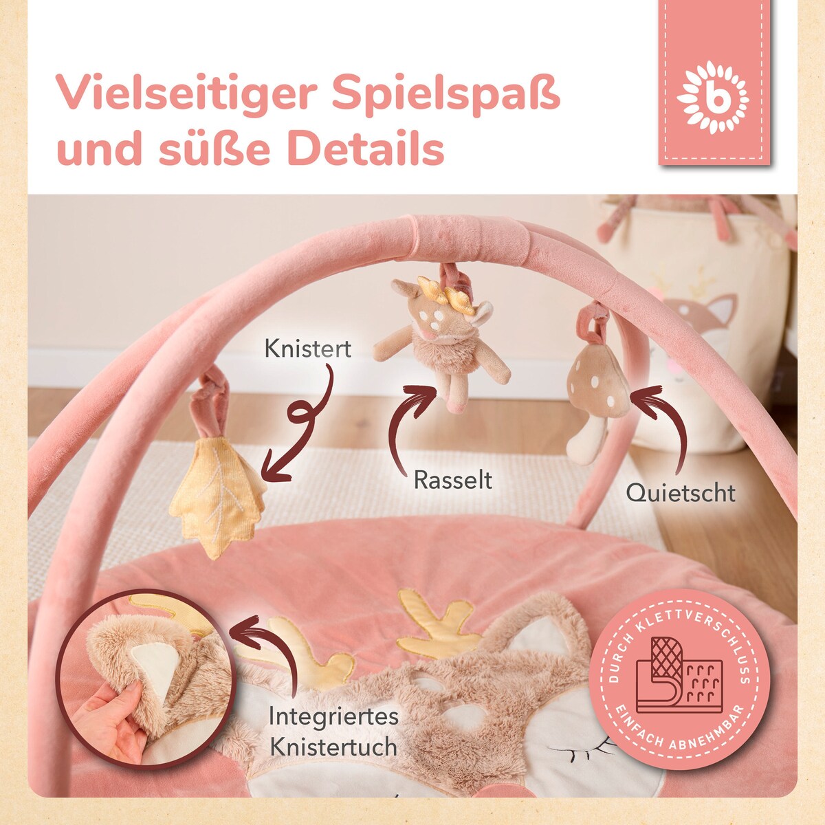 Detalj av knitrende leke på Lekematte med aktivitetsbue Reh Ella
