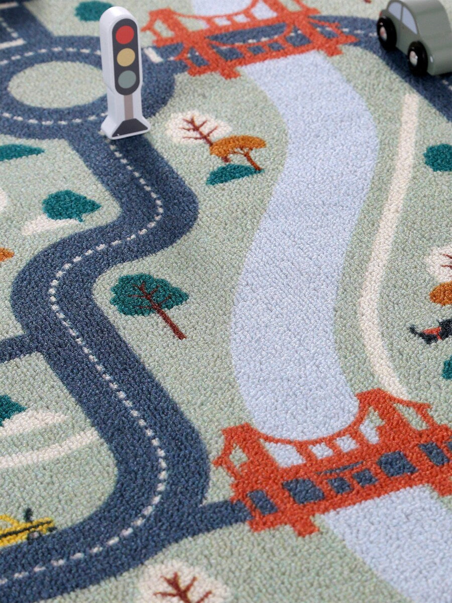 Nærbilde av trafikk-skilt på Lekematte med veimotiv og 6 trekjøretøy FSC®