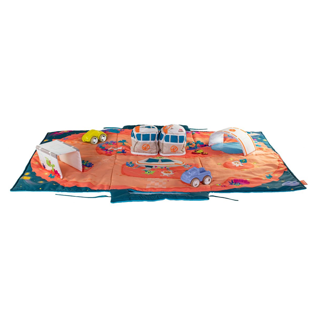 Bakside av Lekematte Space Mat med 2 biler, polstret fra Miniland