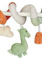 Detalj av stoff og rangle på Lekespiral Dino Rexi