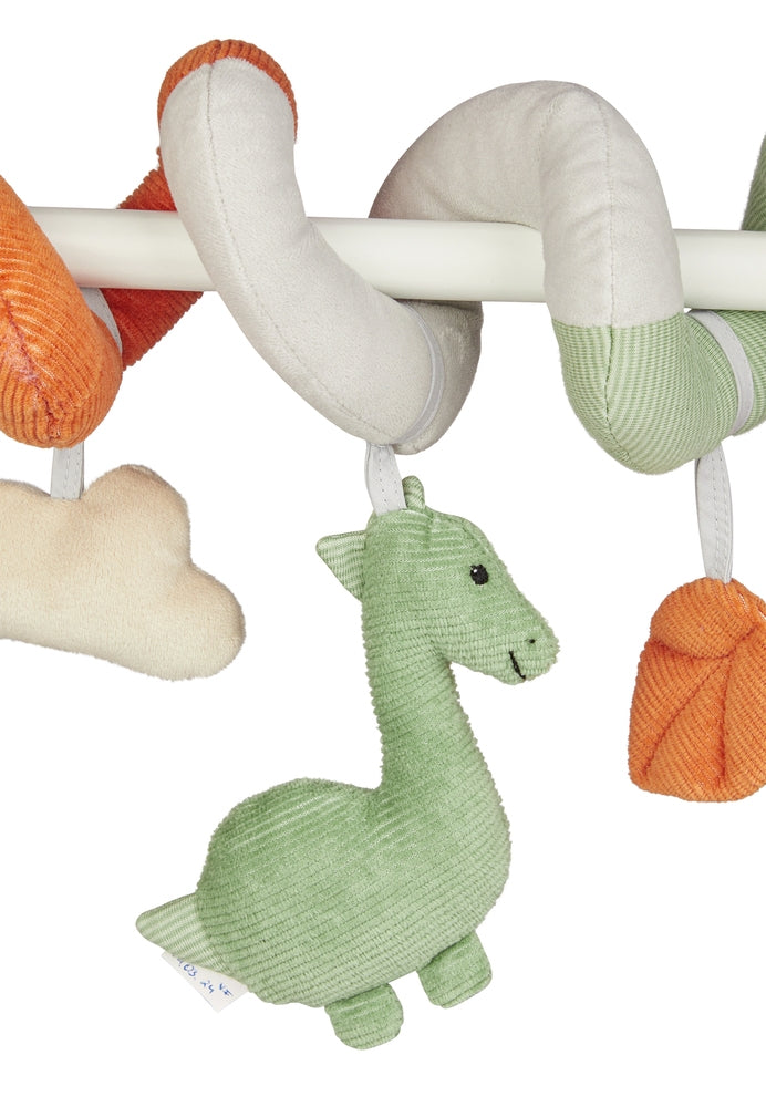 Detalj av stoff og rangle på Lekespiral Dino Rexi