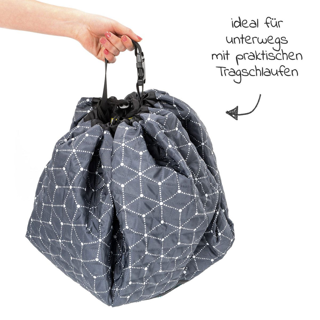 Nærbilde av trådløkker på Leketeppe 2-i-1 med bag og vannavvisende underlag grå hvit Zamboo