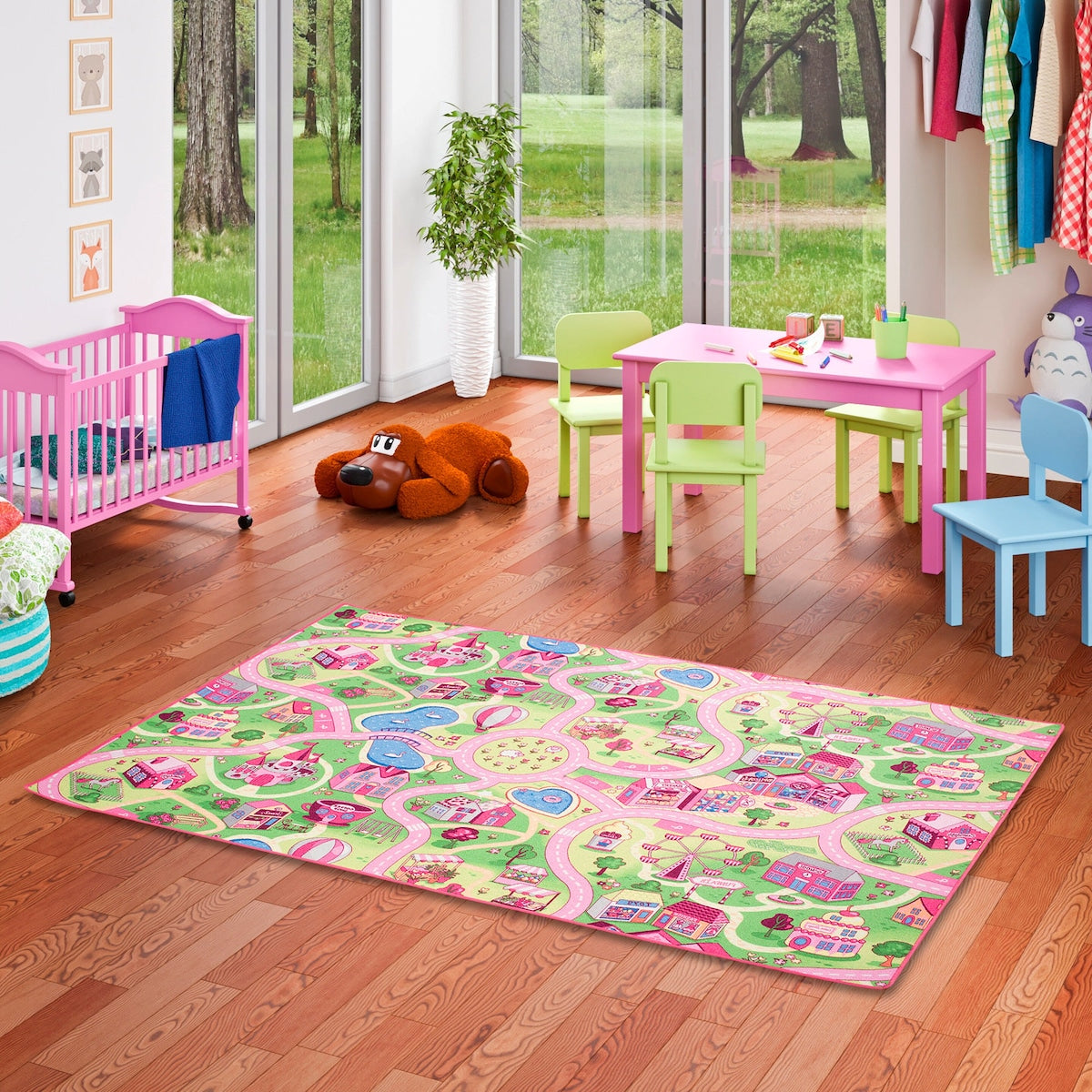 Leketeppe for barn Girls Village rosa bakside