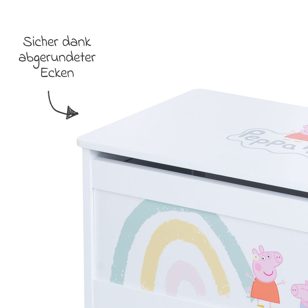 Leketøykiste med sete og dempet lokk Peppa Pig hvit sideprofil