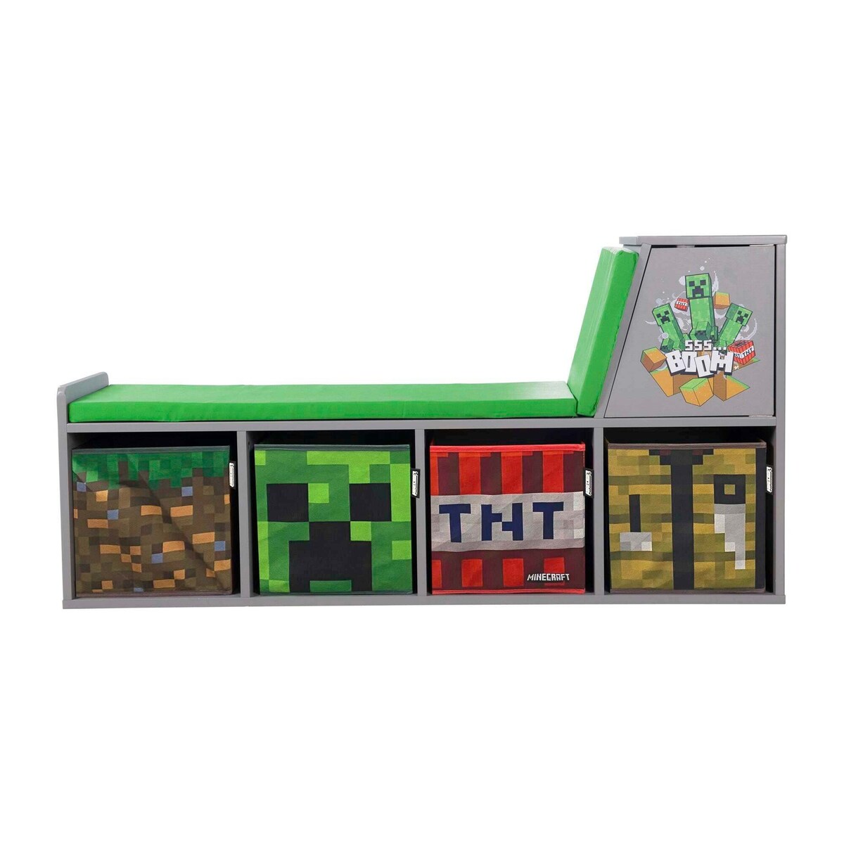 Nærbilde av oppbevaringsbokser på Lesebenk med sitepute og oppbevaringsbokser MINECRAFT