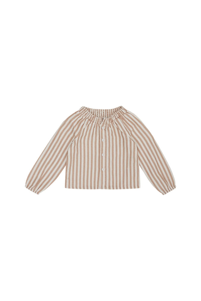 Linbluse med striper beige coffee 110/116 - Leevje forfra