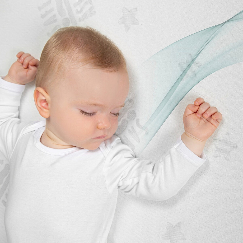 Nærbilde av pustende 3D-materiale på madrass Air Balance EASY til babyseng 60x120 cm safe asleep®