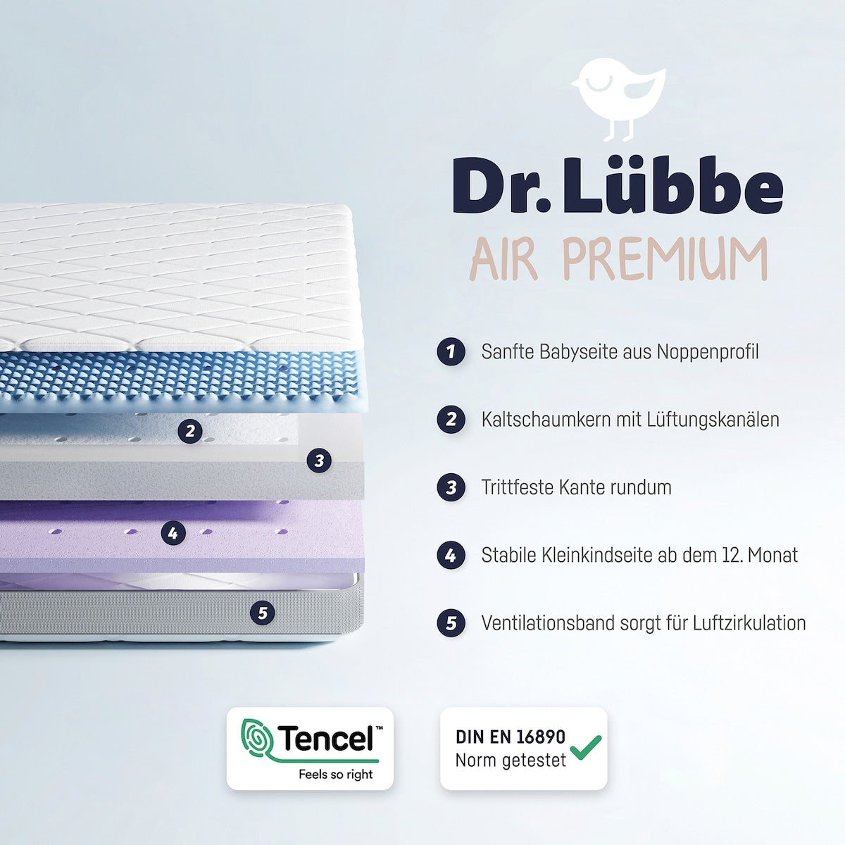 Madrass Dr. Lübbe Air Premium 60x120 cm kaldskum montert i barneseng