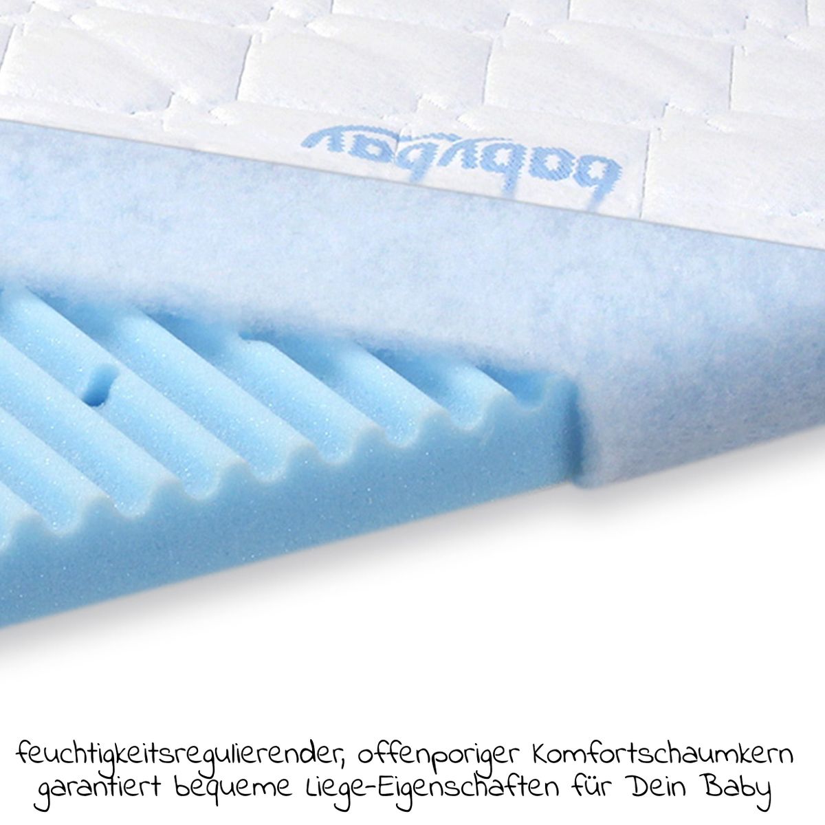Nærbilde av sømmene på Madrass Medicott Wave til sideseng Boxspring XXL blå
