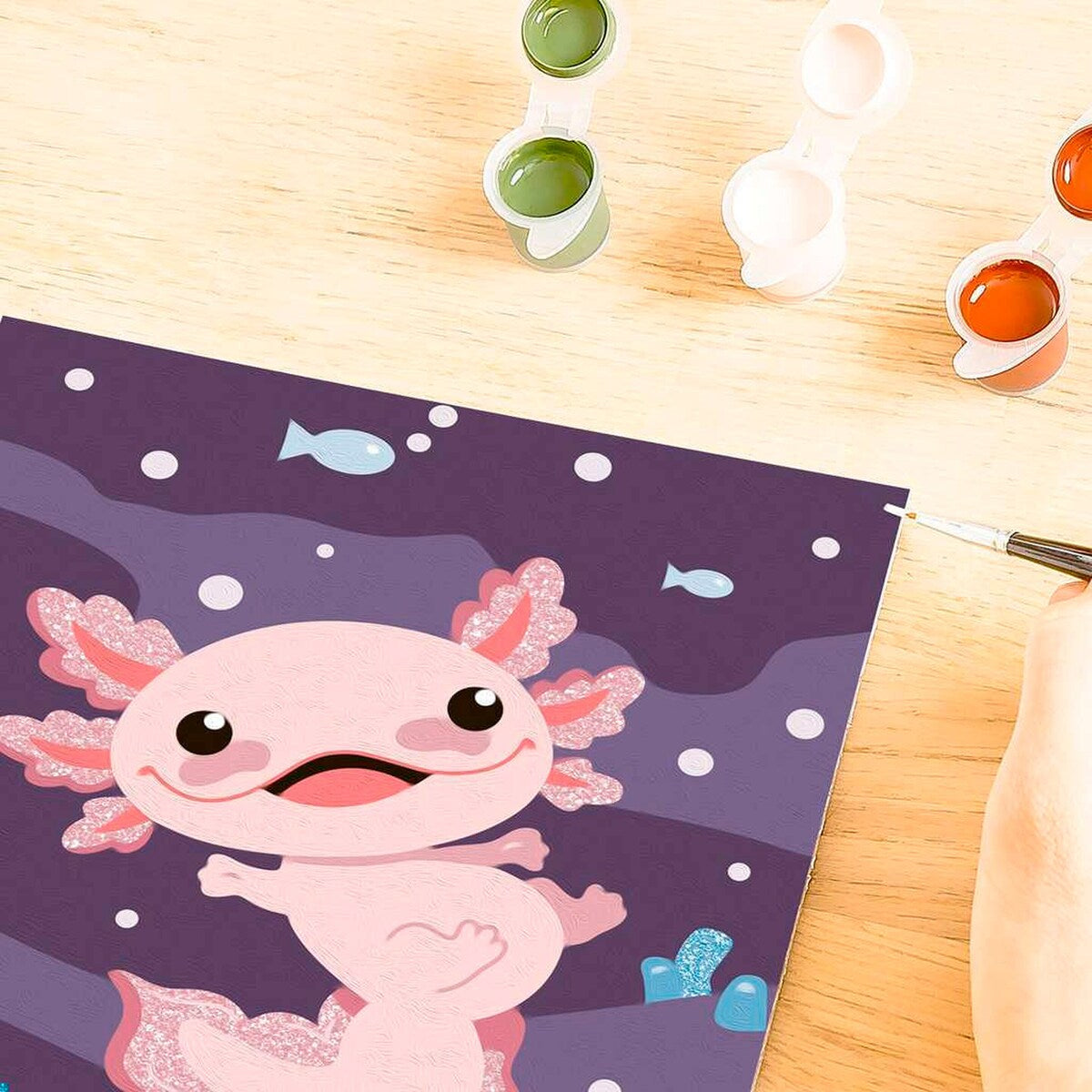 Mal etter tall Axolotl med glitter fargekopper og palett