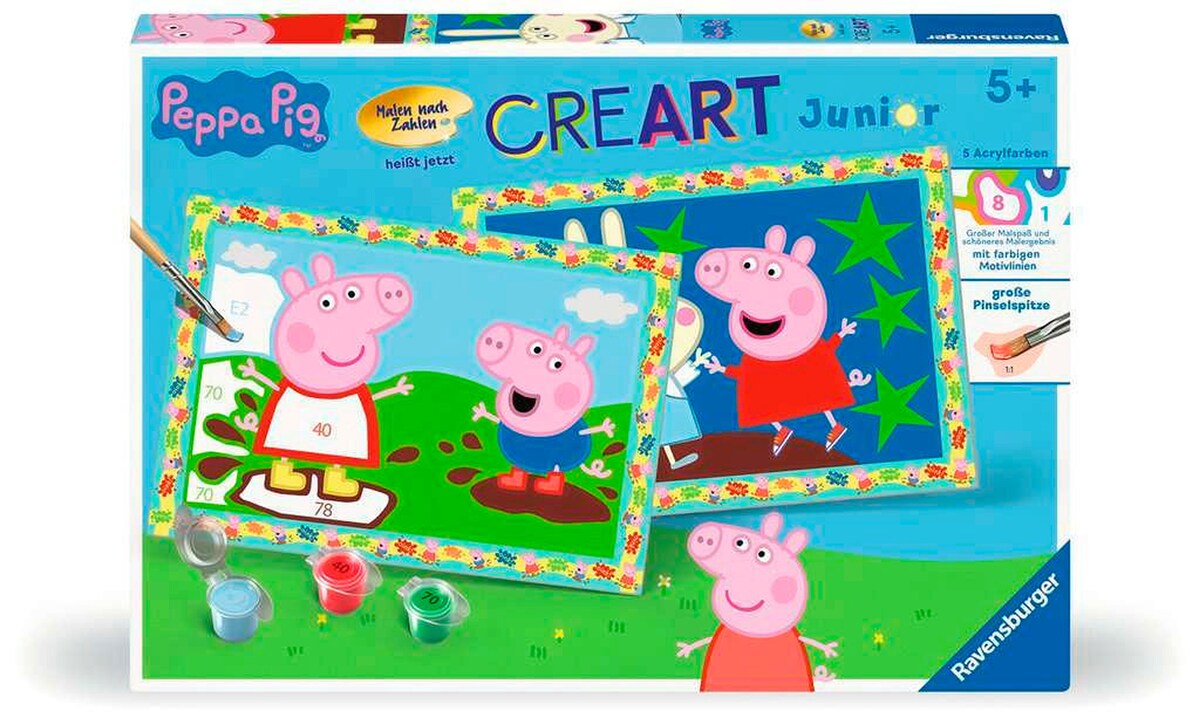 Mal etter tall Junior Peppa Pig 5 farger fra 5 år pensel og farger