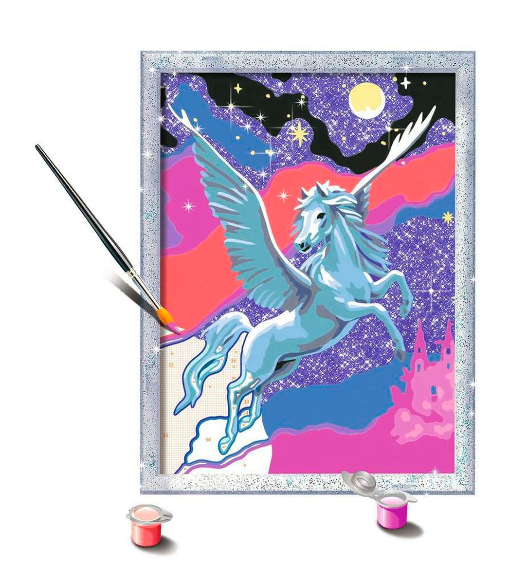 Nærbilde av pensel og farger i Mal etter tall pegasus med glitter 18x24 cm