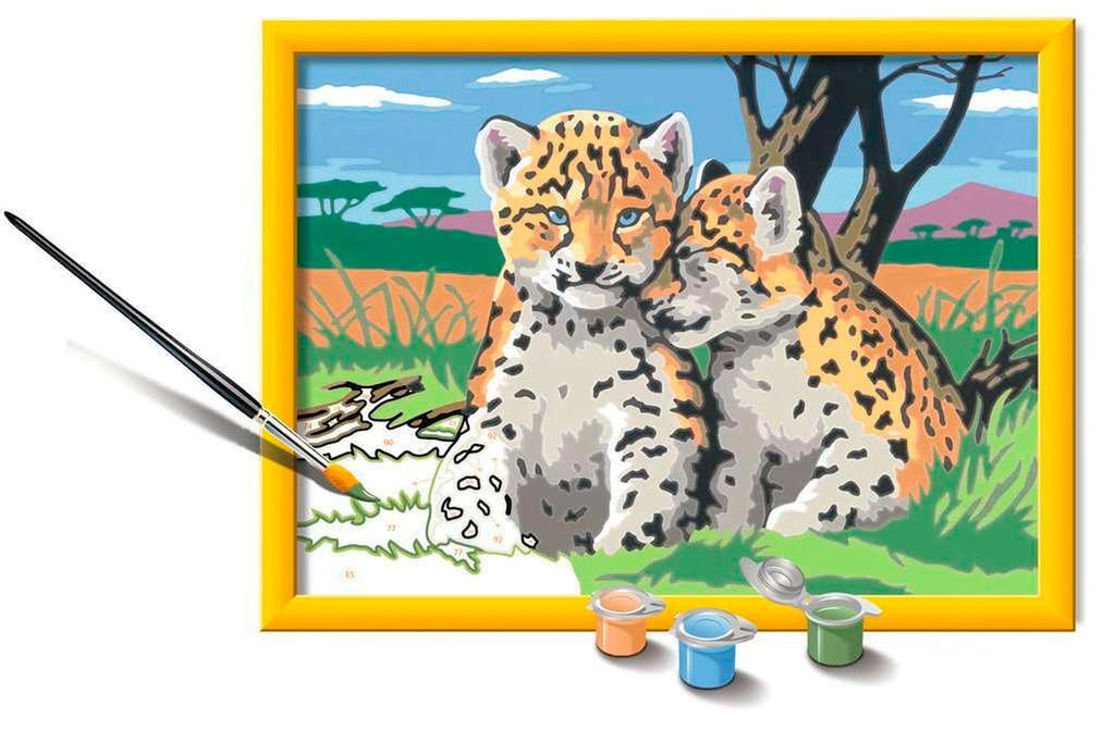 Mal etter tall små leoparder 24x18 cm ferdig malt bilde med ramme