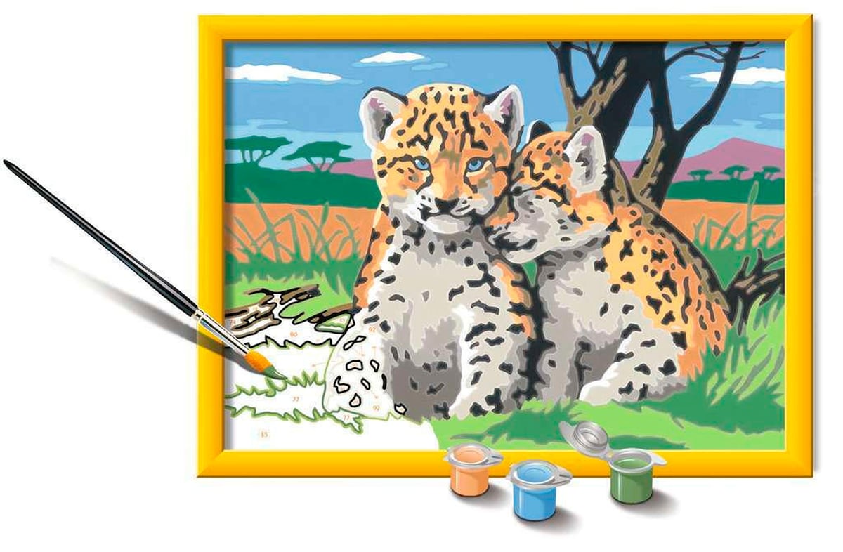 Mal etter tall små leoparder 24x18 cm ferdig malt bilde med ramme