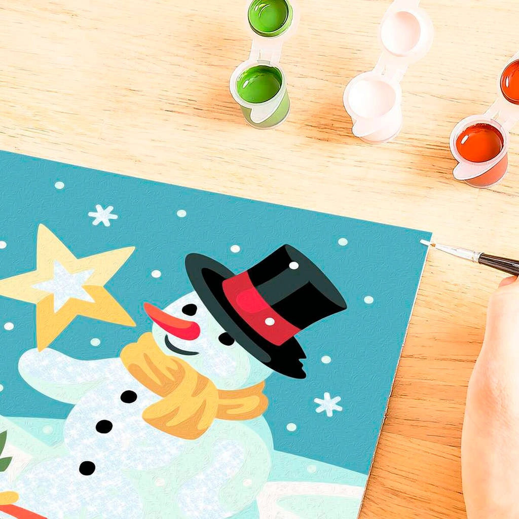 Fargepalett og instruksjoner for mal etter tall snømann med glitter