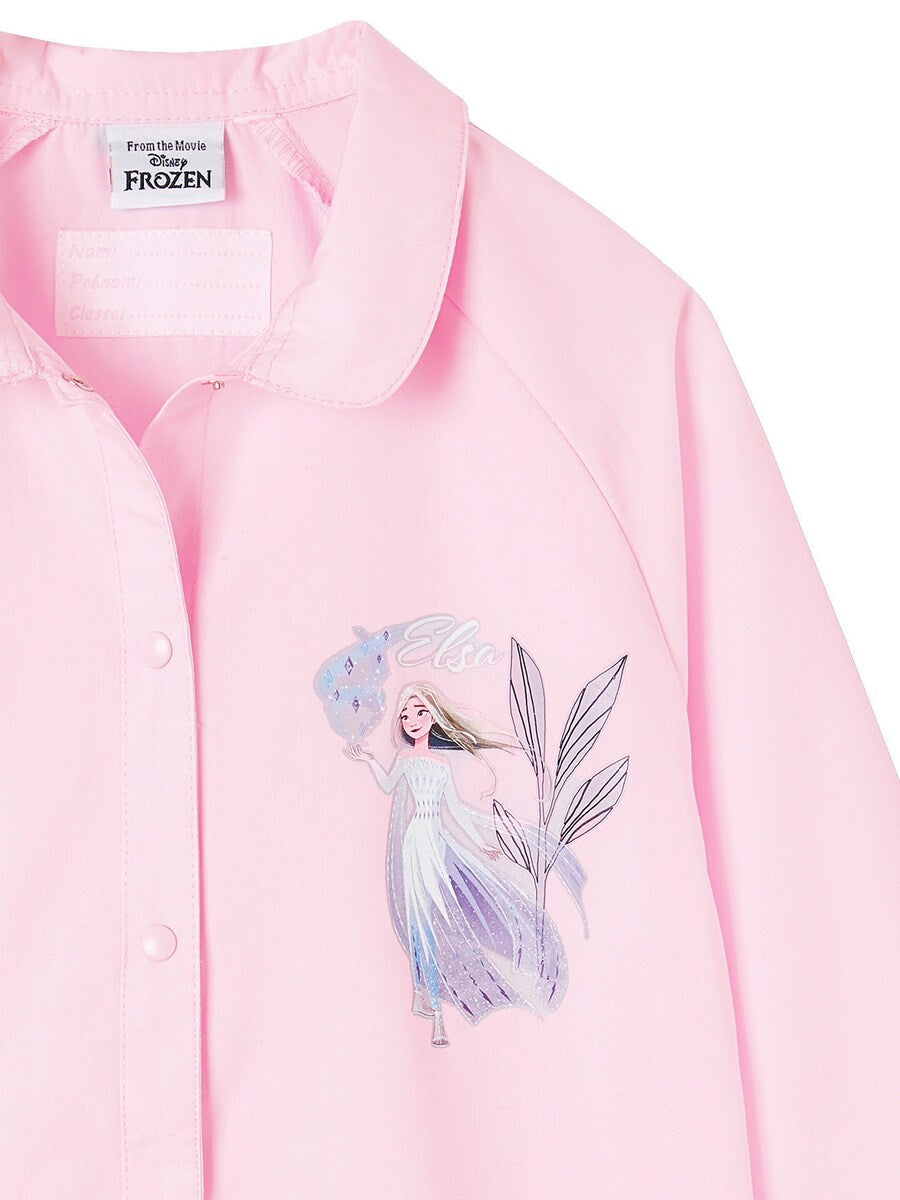 Detaljbilde av knappelukking og elastiske mansjetter på Maleforkle for jenter Disney Frost, poplin