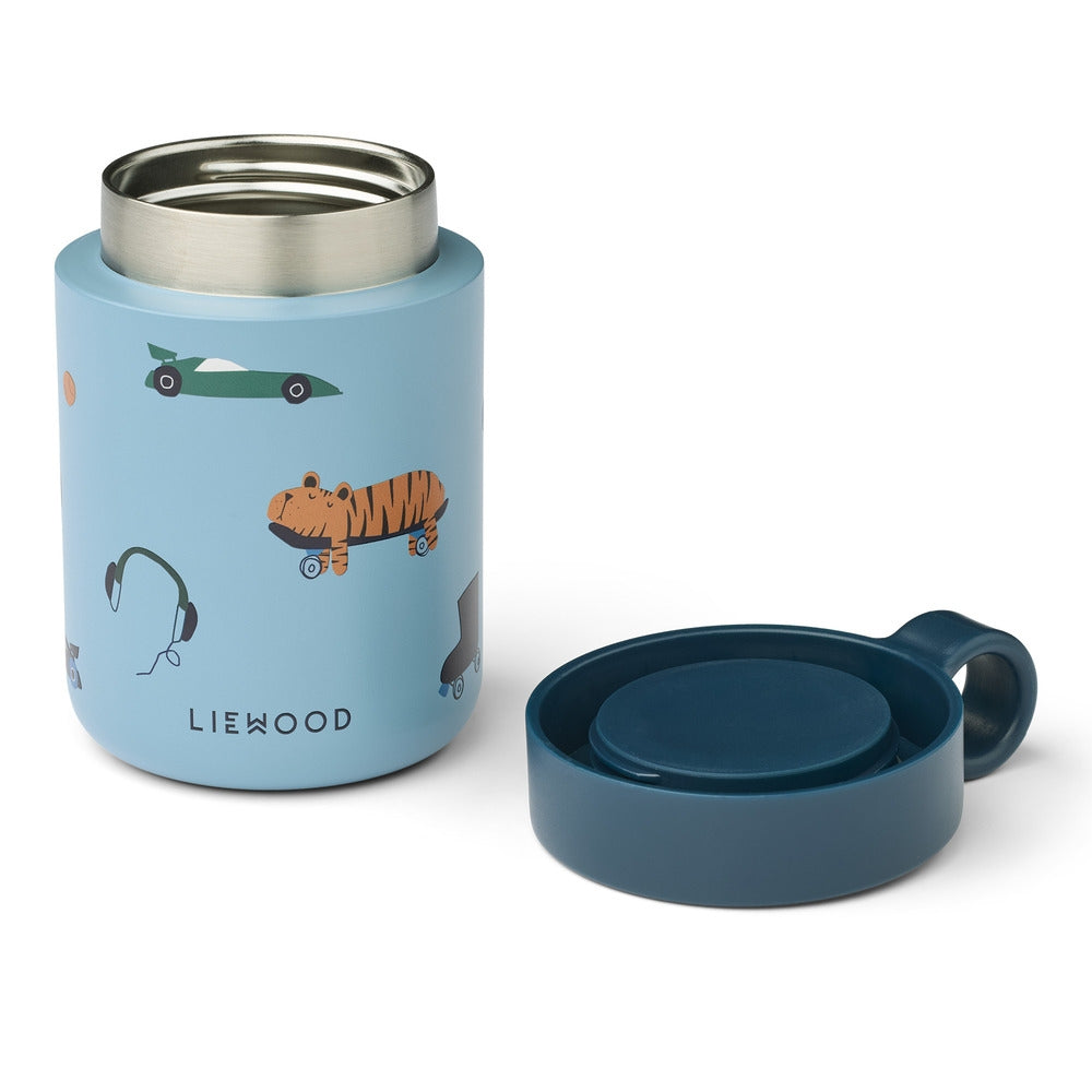 Matbeholder i rustfritt stål med trykk Fun/Beach blue - Liewood med lokk