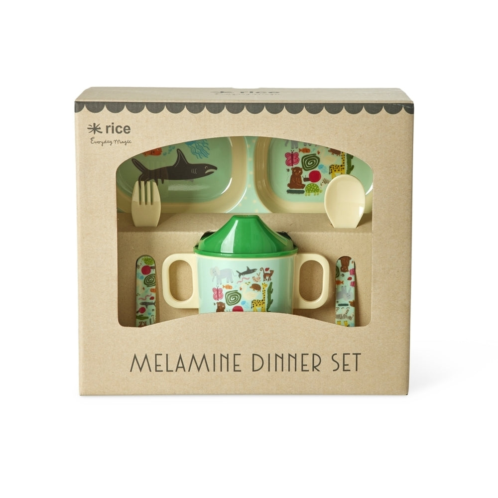 Melamin servicesett for baby med gaveeske, mint wildlife sett forfra