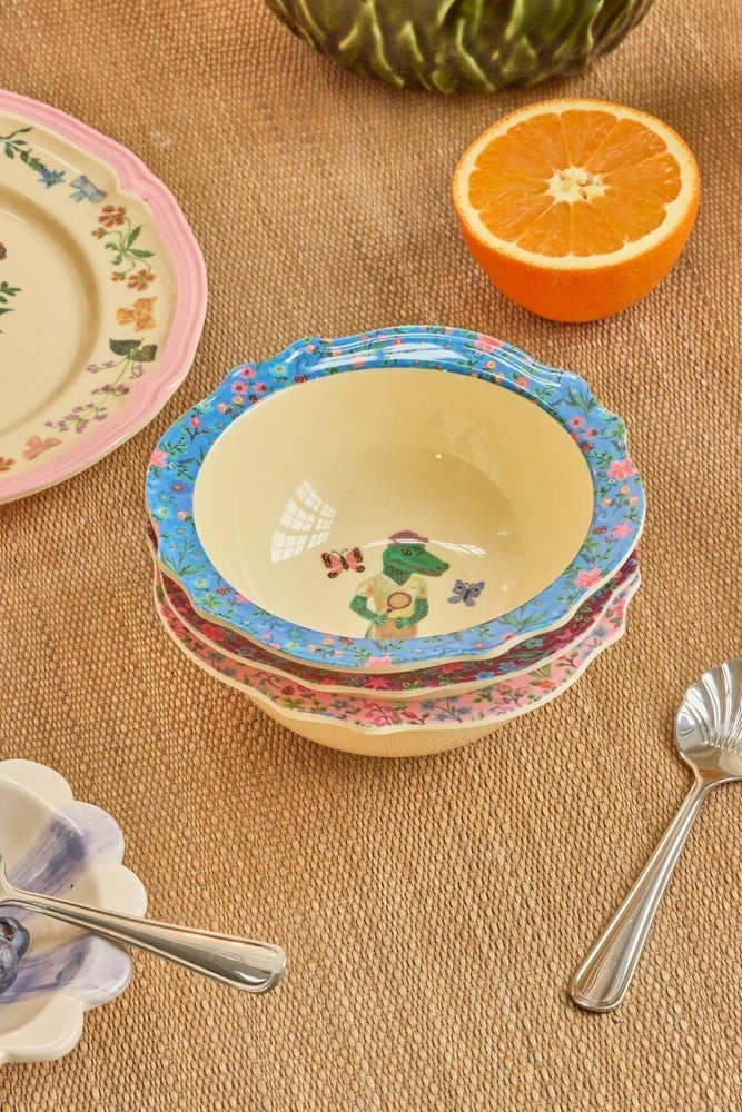 Melaminbolle vintage Nathalie Lété blå 250 ml detalj med hund og blomsterkant