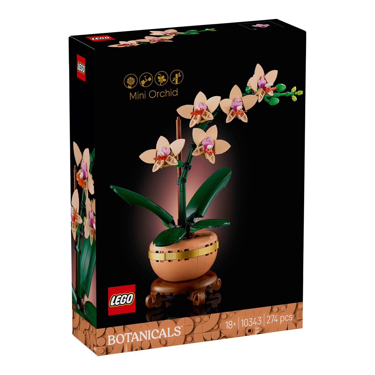Mini-orkidé 10343 byggesett fra forfra med blomster og potte