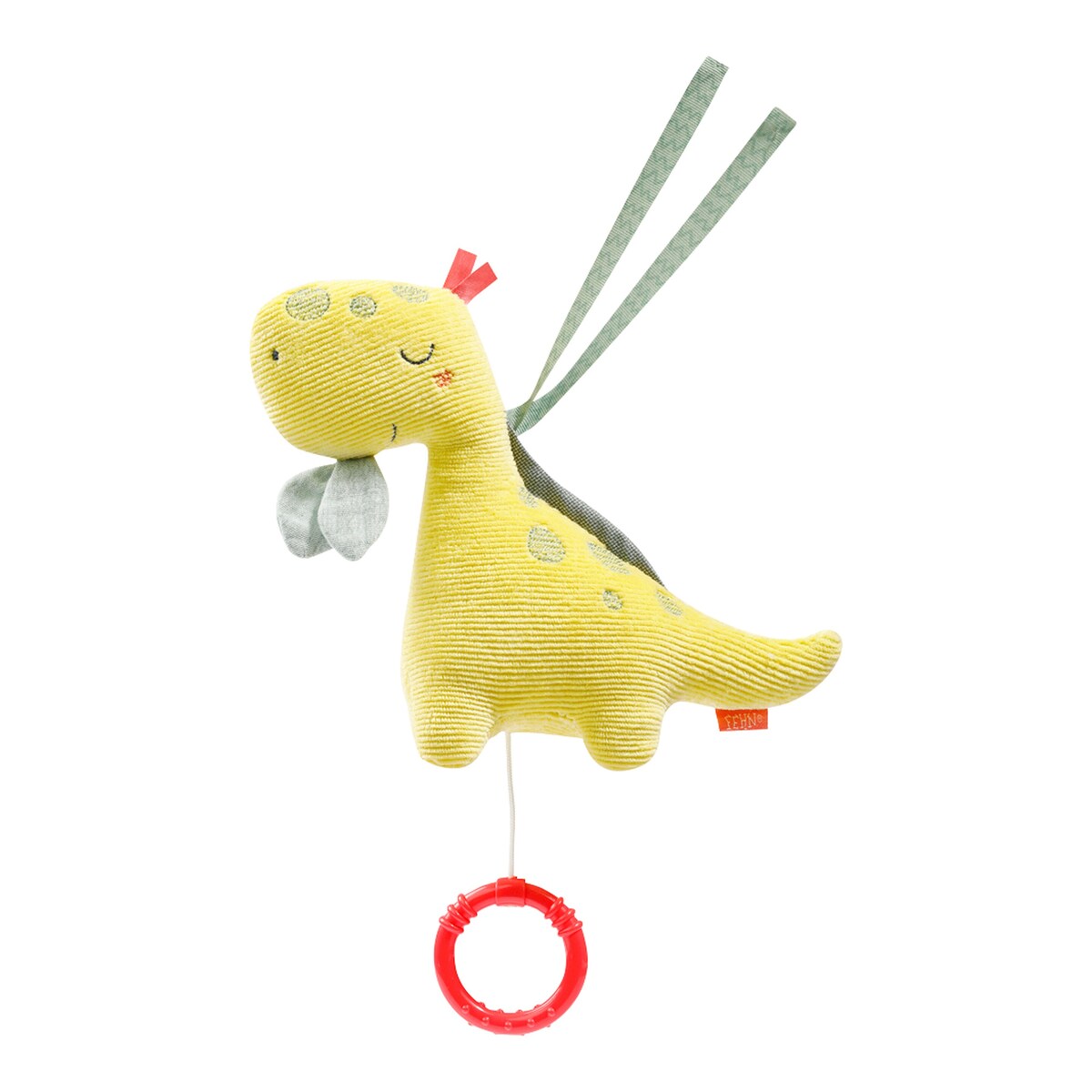 Mini spilledåse Happy Dino 16 cm cord og musselin forfra