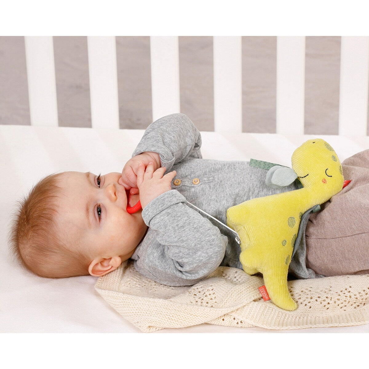 Nærbilde av Mini spilledåse Happy Dino 16 cm cord og musselin