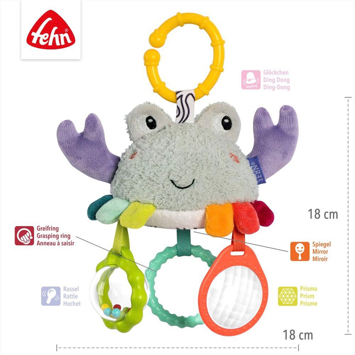 Minimobile krabbe med rangle og speil 18 cm montert på barnevogn