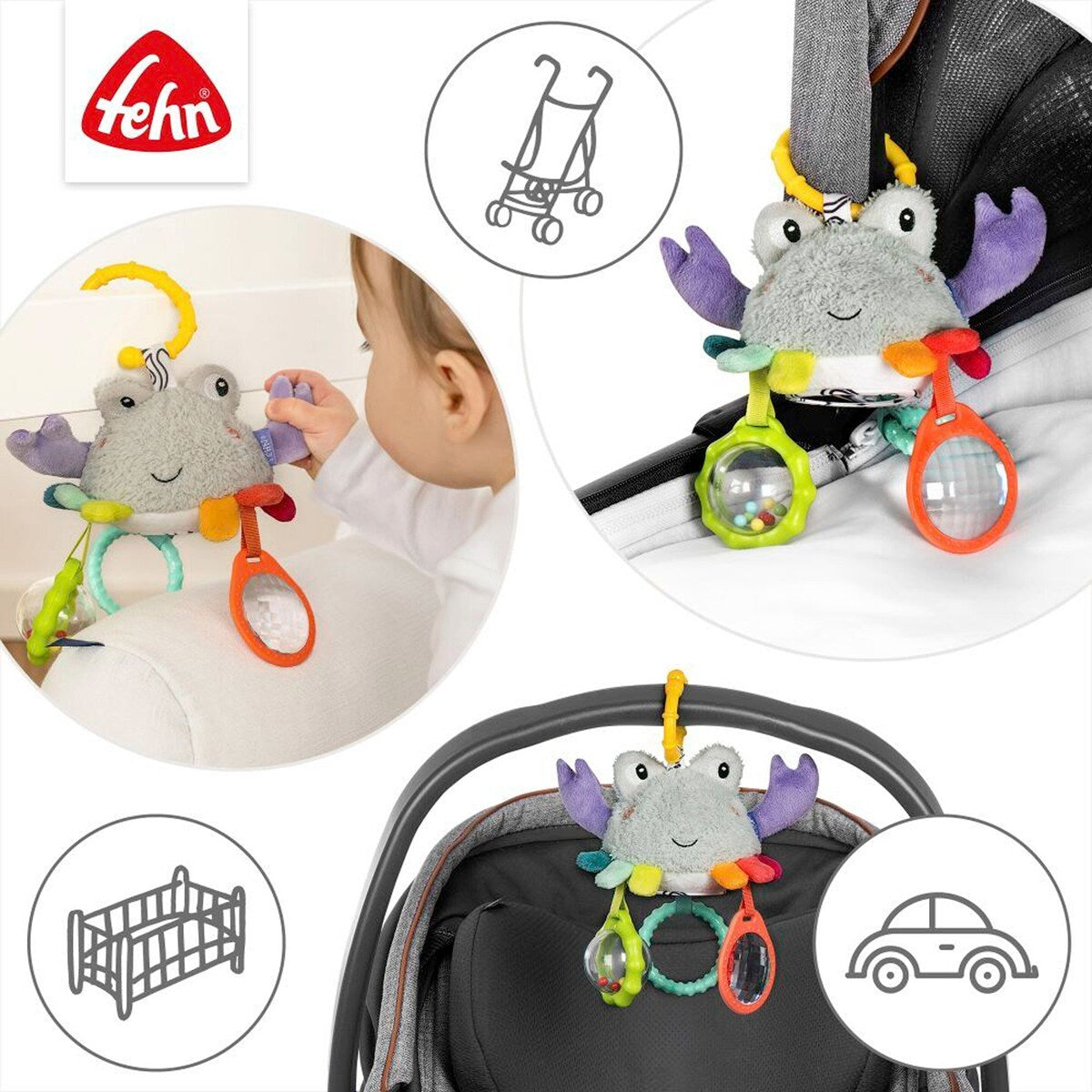 Minimobile krabbe med rangle og speil 18 cm nærbilde av rangle