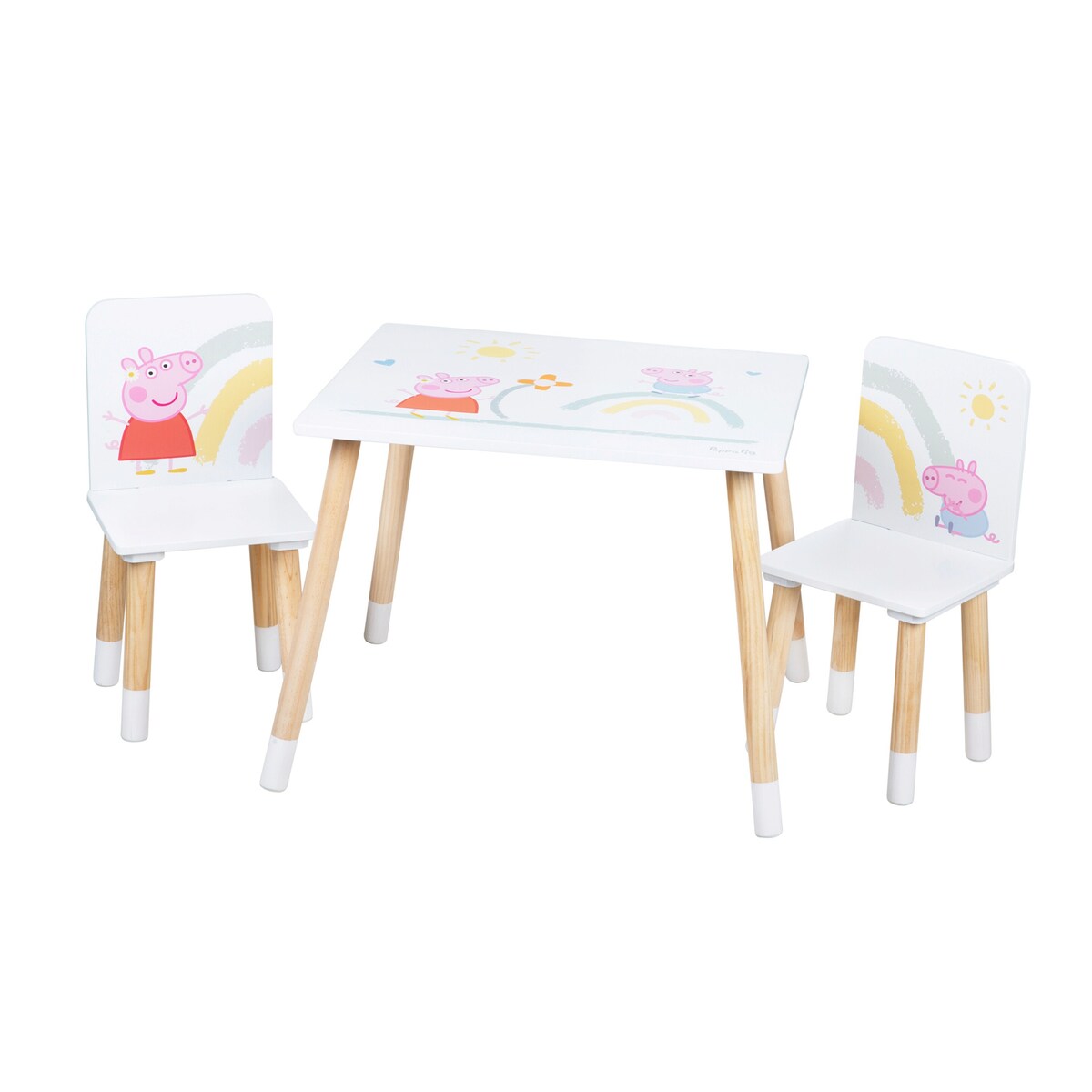 Møbelgruppe for barn Peppa Pig med 2 stoler og bord forfra