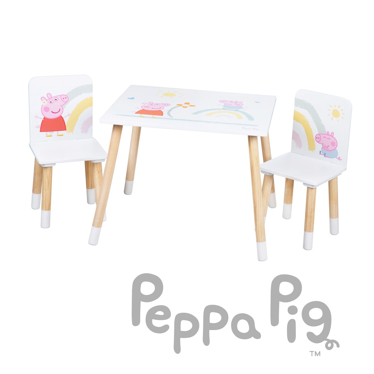 Nærbilde av bordplate på Møbelgruppe for barn Peppa Pig med 2 stoler og bord