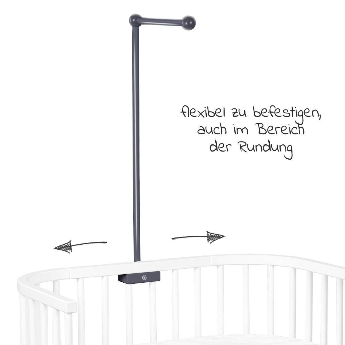 Detaljbilde av mobilholder i heltre bøk til senger med runde spiler, skifergrå