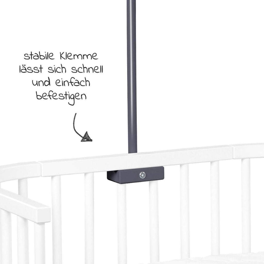 Montert mobilholder i heltre bøk til senger med runde spiler, skifergrå