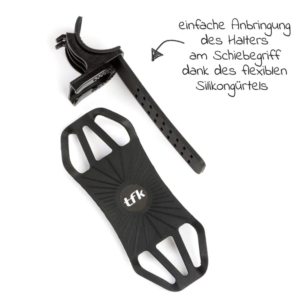 Nærbilde av rutsjhemmende klemming på Mobilholder til barnevogn med 360° rotasjon, silikonfeste