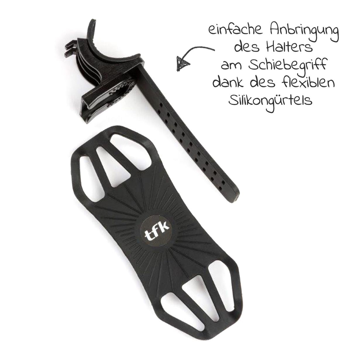 Nærbilde av rutsjhemmende klemming på Mobilholder til barnevogn med 360° rotasjon, silikonfeste