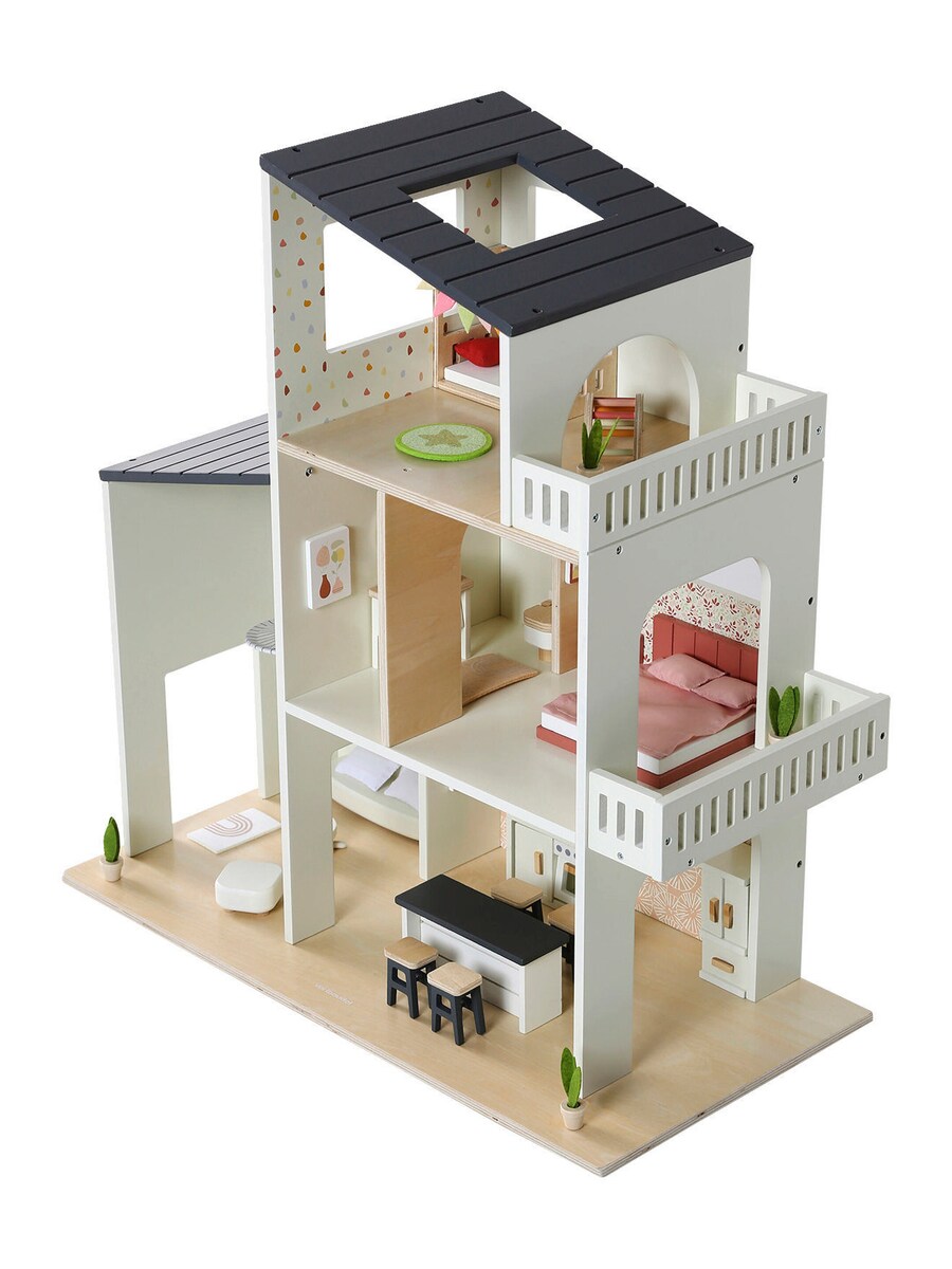 Moderne dukkehus i FSC®-tre forfra med 3 etasjer