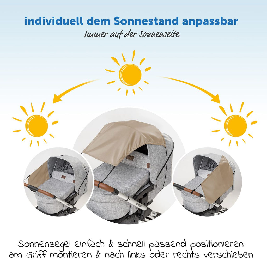 Montert solseil til barnevogn med UV-beskyttelse 50+ beige