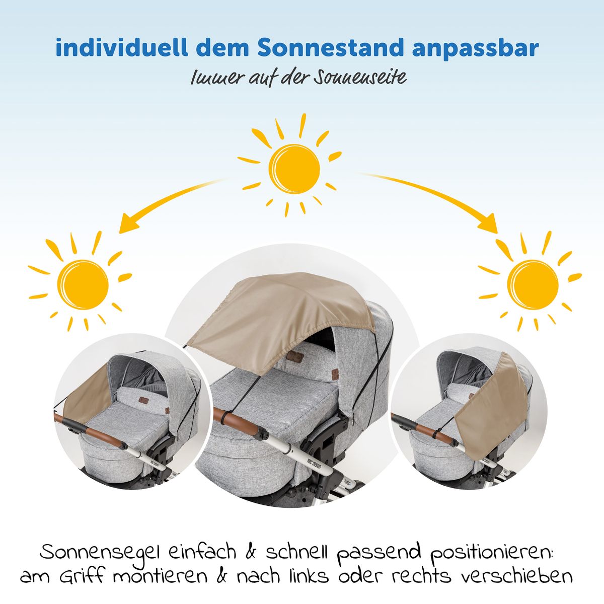 Montert solseil til barnevogn med UV-beskyttelse 50+ beige
