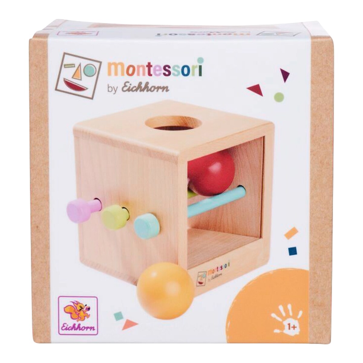Nærbilde av trestaver og kuler i Montessori-boks med kuler i bøketre