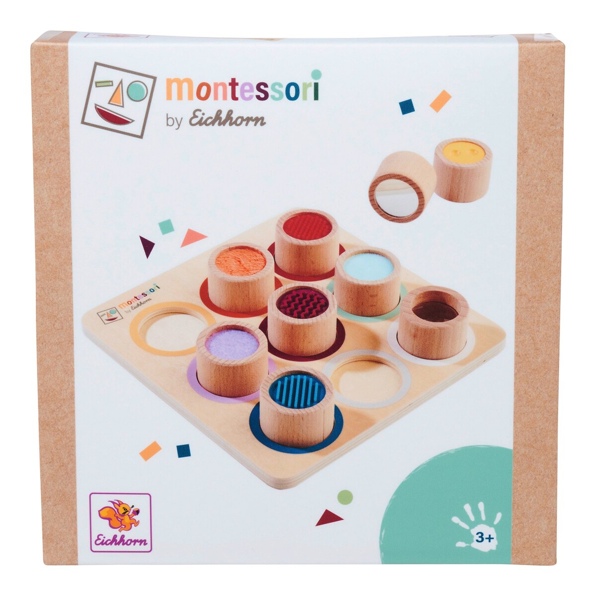 Montessori følebrett med 9 overflater i bøketre farger og overflater