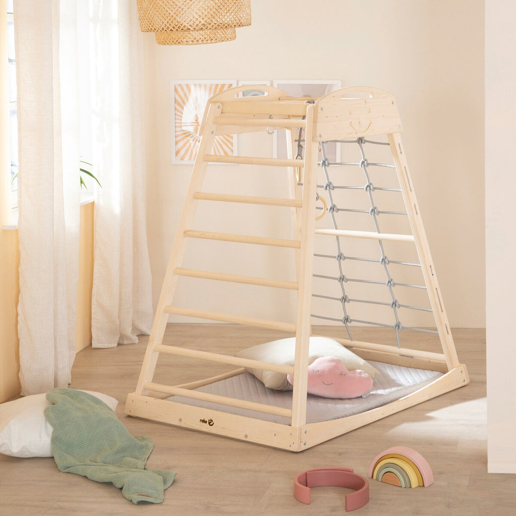 Montessori innendørs klatretårn i tre 127 x 83 cm med huske